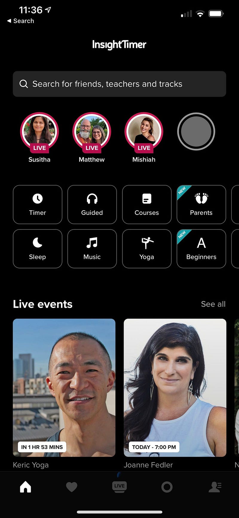 Screenshot of the Insight Timer app's interface