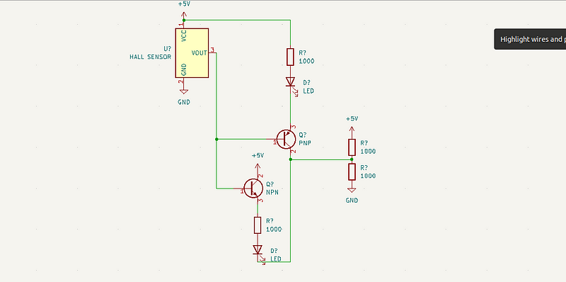 Initial draft of the Hall-Effect traffic light circuit.