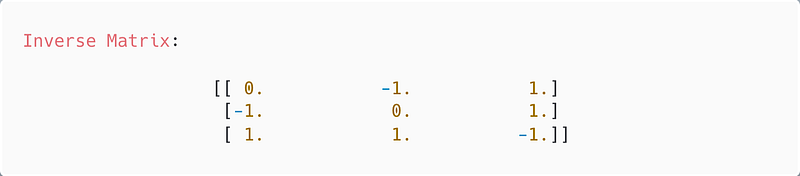 Console output displaying the inverse matrix