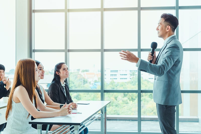 Speaker preparing for a public presentation