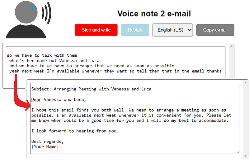 Web app interface showcasing email drafting from voice