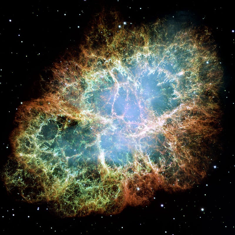 Image of the Crab Nebula, remnants of a supernova.