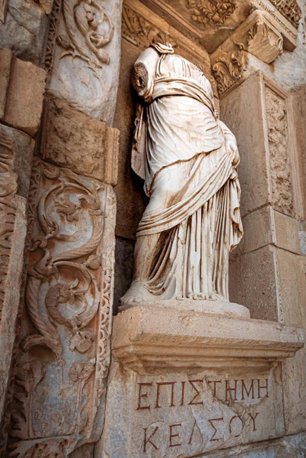 A statue symbolizing knowledge at the Library of Celsus