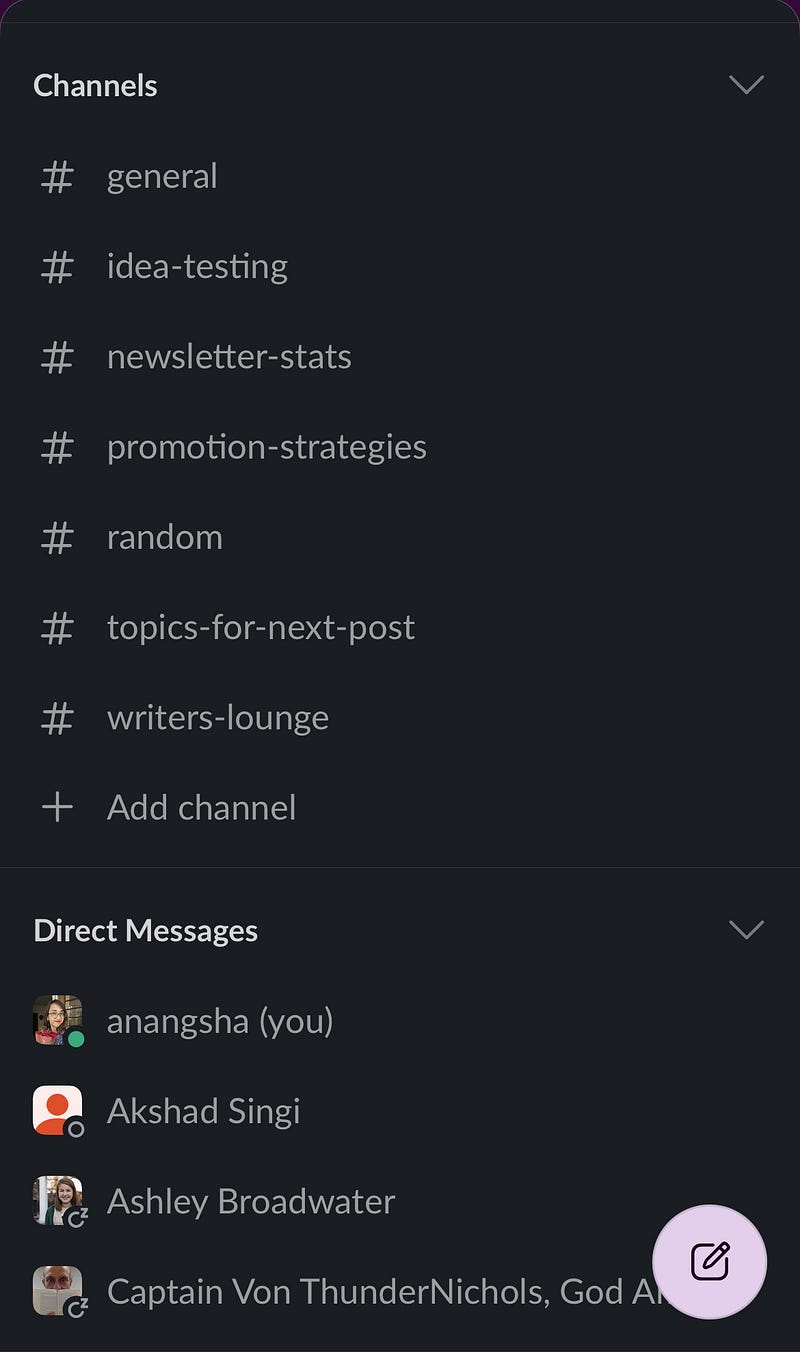 Screenshot of the Slack channel for coordinating with writers.