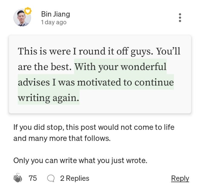 Screenshot of Bin Jiang's empowering comment.