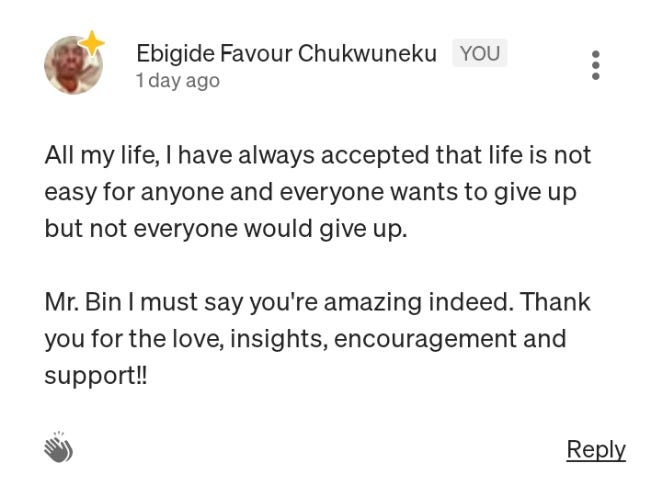 Screenshot of my comment on Bin Jiang's post.